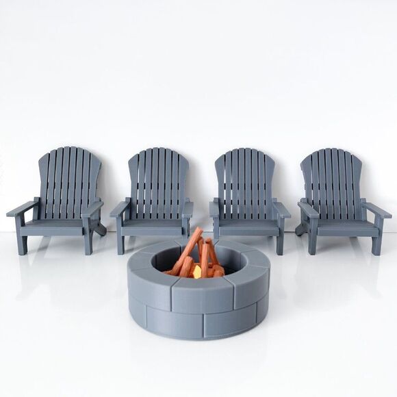 4 Charcoal Miniature Adirondack Chairs Round Firepit W/Flickering Logs 1:6 Scale - Picture 4 of 9